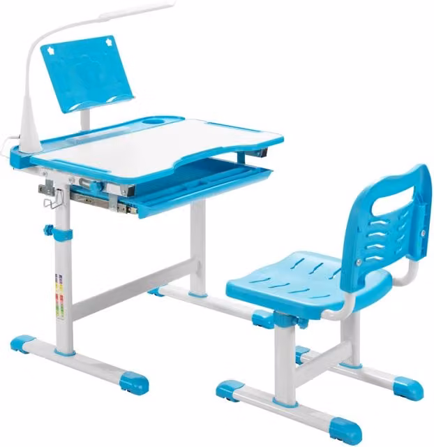 Set scrivania e sedia per bambini DESIGN IN blu con altezza regolabile, leggio inclinato e luce LED in MDF e metallo