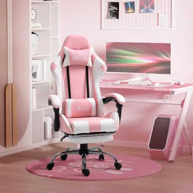 Sedia Gaming WISHDOR Rosa in Faux Leather con Poggiapiedi, Riposogalatelli e Ruote Girevoli 360°, Altezza Regolabile, L: 64 cm, P: 67 cm, H: 127 cm