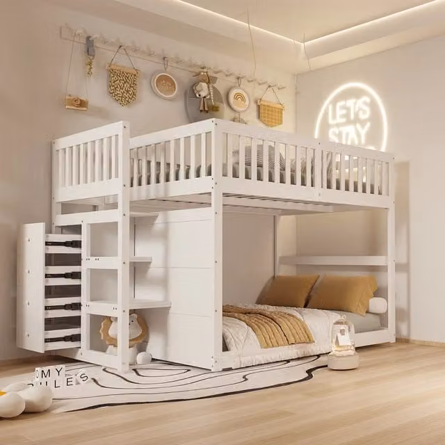 Letto a castello basso per bambini in legno e MDF bianco con scala e 4 cassetti L/P: 140 x 200 cm