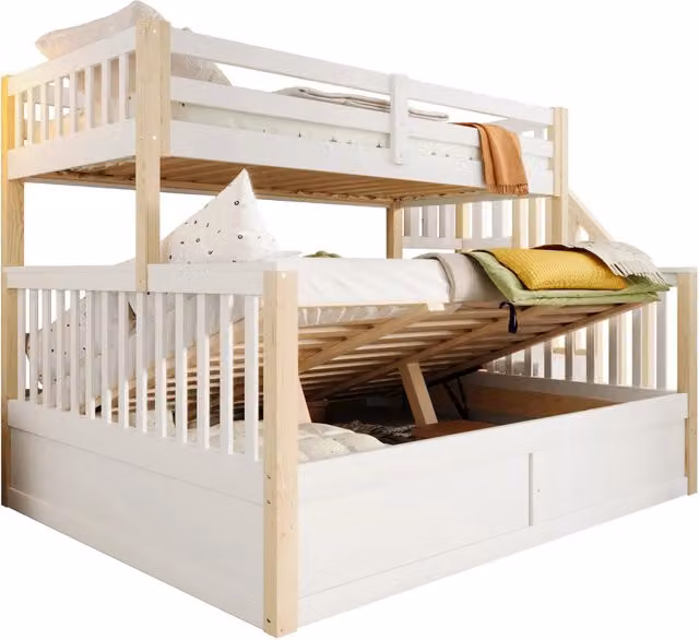 Letto a castello Chicfurn per bambini in legno e MDF bianco con scala contenitore e vano contenitore a sollevamento, dimensioni L/P/H: 200 x 120 x 146,5 cm