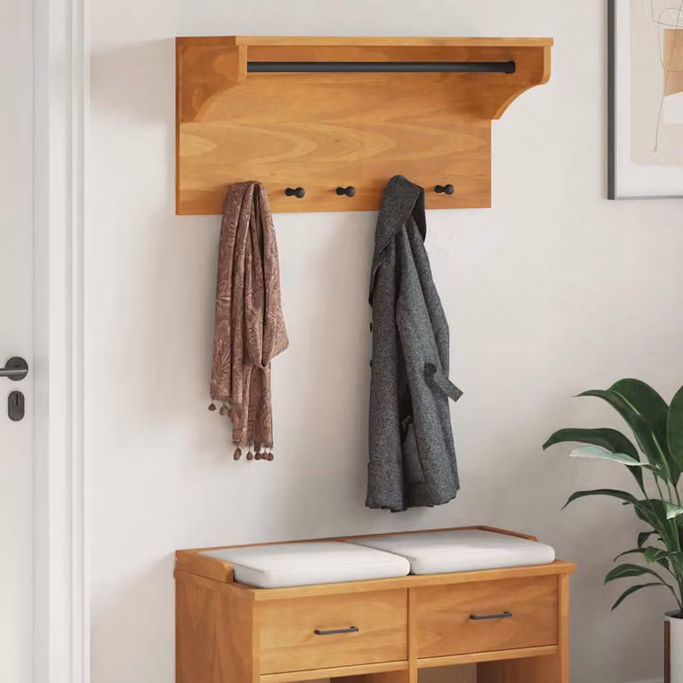 vidaXL Appendiabiti da Parete SANDNES in Legno di Pino Marrone Rustico L: 87 cm, P: 30 cm, H: 42 cm