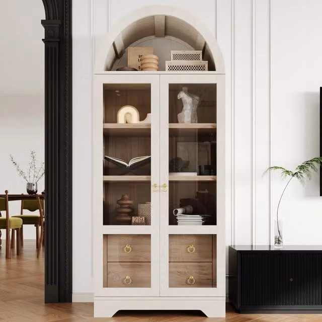 Credenza alta Mivray in MDF bianco con ante in vetro trasparente e 2 cassetti per cucina e soggiorno L/P/H: 76.2 x 40.1 x 180 cm