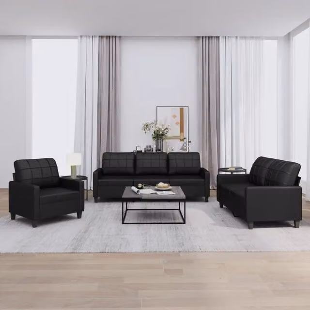 Set di divani moderno vidaXL in similpelle nera con cuscini per soggiorno