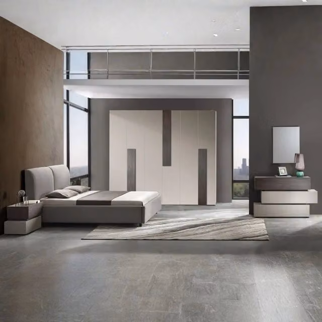 Set camera da letto completa Kendra Veriaffari con armadio 6 ante, letto contenitore imbottito e comodini, colore tortora e noce