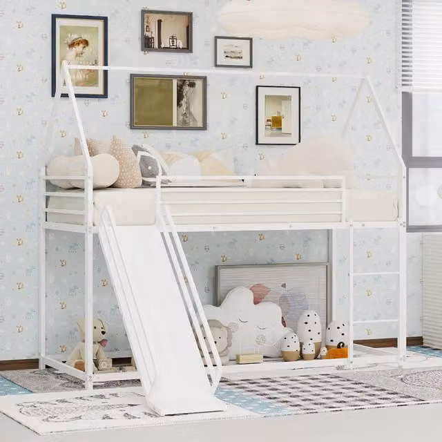 Letto a castello per bambini con scivolo e scaletta in metallo bianco L/P/H: 194 x 105 x 179 cm