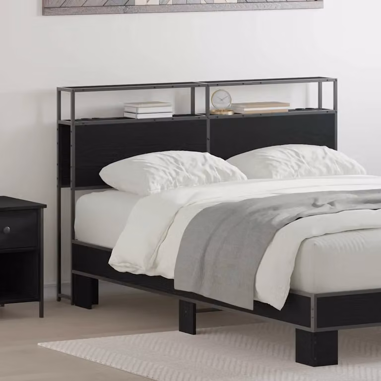 Testata letto con contenitore vidaXL in legno ingegnerizzato e metallo, colore nero opaco, con ripiani integrati e porta di ricarica USB, L: 143 cm, P: 19,02 cm, H: 98 cm