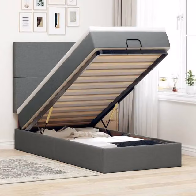 Letto con contenitore a sollevamento vidaXL in tessuto grigio e bianco con materasso L: 100 cm, P: 200 cm, H: 140 cm