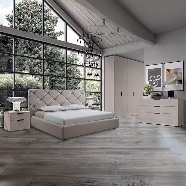 Set completo camera da letto Lulu in legno color canapa frassinato con maniglie antracite e base con contenitore a sollevamento