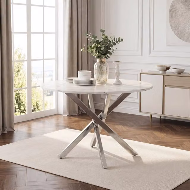 Tavolo da pranzo rotondo MIVRAY con piano effetto marmo bianco lucido e base a croce in metallo argento L/P/H: 80 x 80 x 75 cm