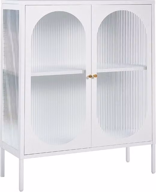 Vetrina Beliani in stile industriale con ante in vetro opaco e struttura in metallo nero, ideale per soggiorno o sala da pranzo, L: 90 cm, P: 35 cm, H: 111 cm