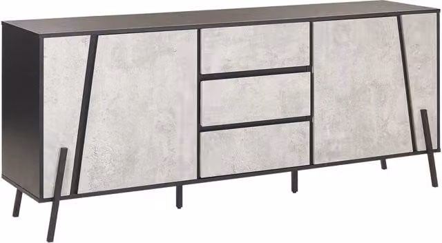 Madia credenza BELIANI in stile industriale con effetto cemento, 2 armadi e 3 cassetti, colore grigio e nero, L: 177 cm, H: 75 cm, P: 40 cm