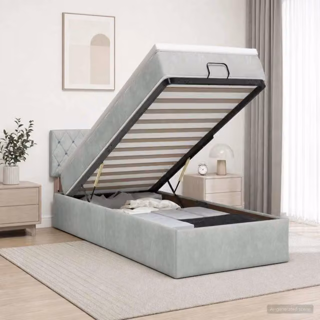 Letto ottomano con contenitore vidaXL in velluto grigio e bianco, L/P/H: 203 x 90 x 128 cm