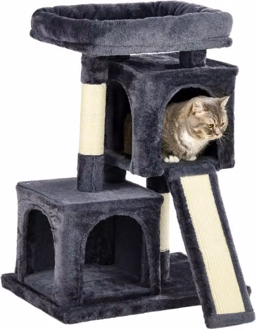 Albero Tiragraffi per Gatti PawHut con Pali in Sisal, 3 Casette e Giochi Integrati, Colore Nero e Grigio, L/P/H: 59 x 39 x 83 cm