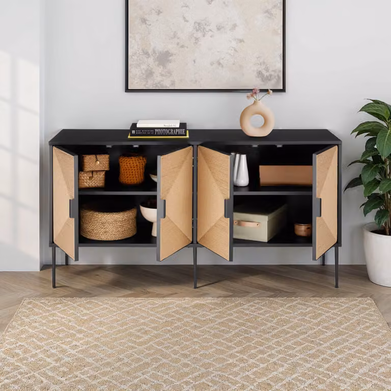 Credenza Juna tectake con ante effetto juta e 2 scomparti, stile boho, nero/marrone