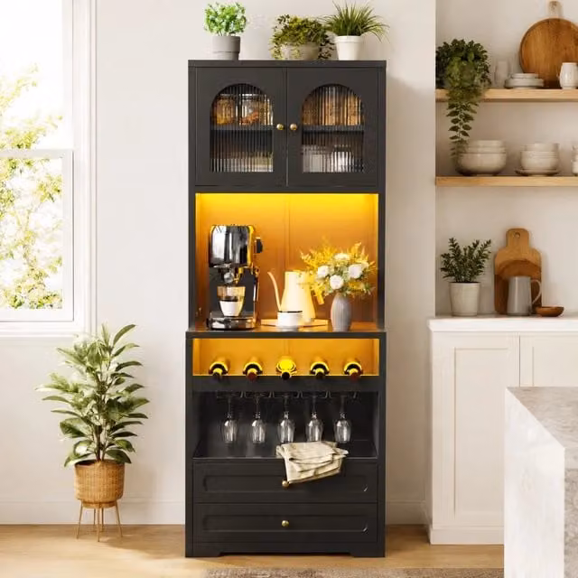 Mobile colonna da cucina Mivray in MDF nero con ante in vetro, illuminazione integrata e portabottiglie, L/P/H: 70 x 40 x 180 cm