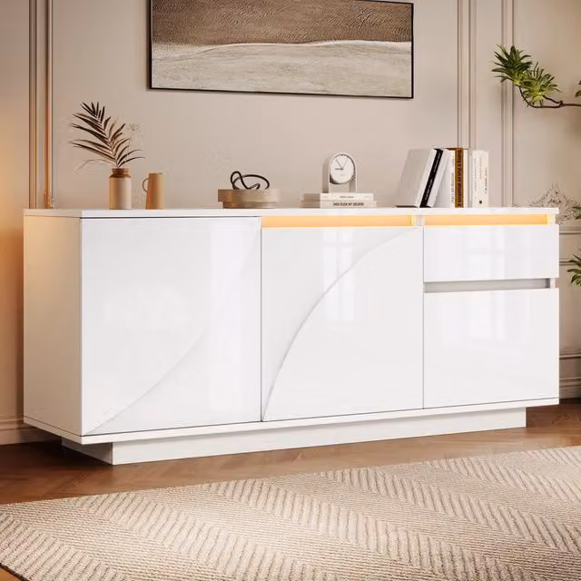 Credenza moderna OKWISH per soggiorno in MDF bianco lucido con illuminazione LED integrata, 3 ante, 1 cassetto e ripiani regolabili, L/P/H: 140 x 40 x 60 cm