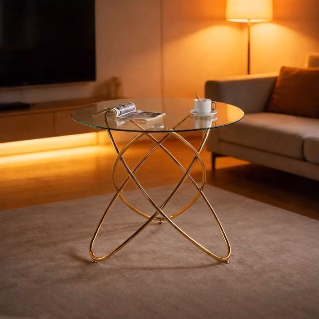 Tavolo da pranzo rotondo WISHDOR in vetro e metallo oro con design moderno e struttura a X