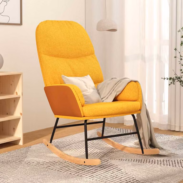 Sedia a dondolo moderna vidaXL in tessuto giallo con braccioli e struttura in legno di gomma e metallo