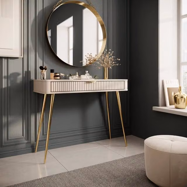 Toeletta da Trucco DMORA Katerara con un Cassetto, Beige e Oro, L: 100 cm, P: 38 cm, H: 78 cm