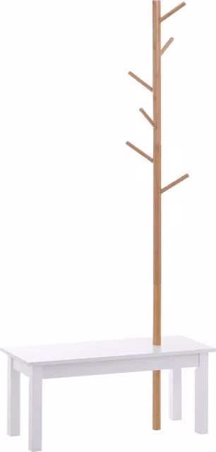 Appendiabiti HOMCOM con 6 ganci e panca integrata in bambù, colore bianco legno, L 80 x P 30 x H 180 cm