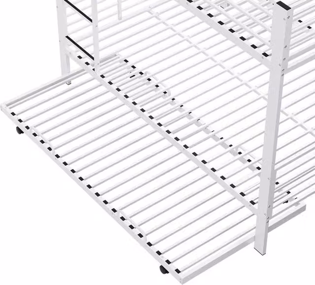 Letto a Castello Moderno in Metallo con Letto Estraibile e Rete di Protezione, Bianco, L: 170 cm, P: 145 cm, H: 205 cm