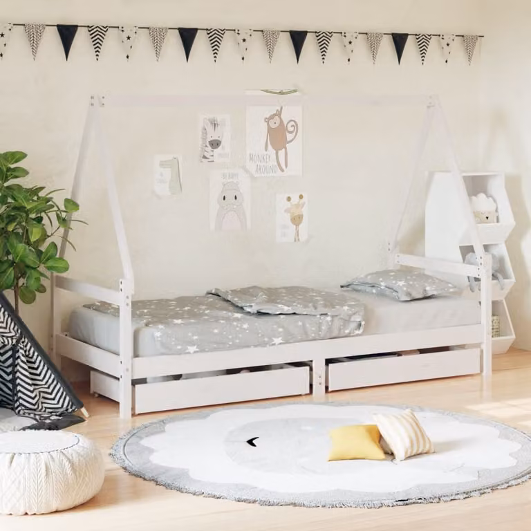 vidaXL Giroletto per Bambini in Legno di Pino Massello con Cassetti Bianco L 80 cm x P 200 cm