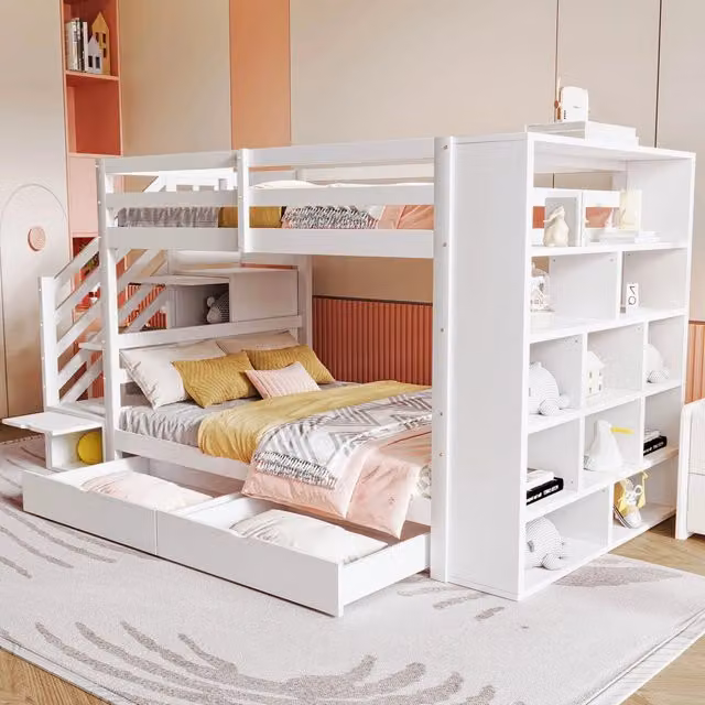 Letto a castello modulare WISHDOR per bambini in legno di pino bianco con scala di sicurezza, cassetti contenitore e struttura a casetta, dimensioni 90 x 200 cm