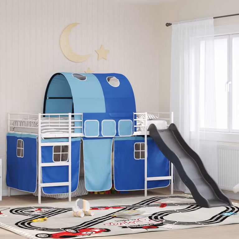 Letto a castello per bambini vidaXL in metallo con struttura a casetta e scala, Bianco e Blu, L 200 x P 80 x H 116 cm