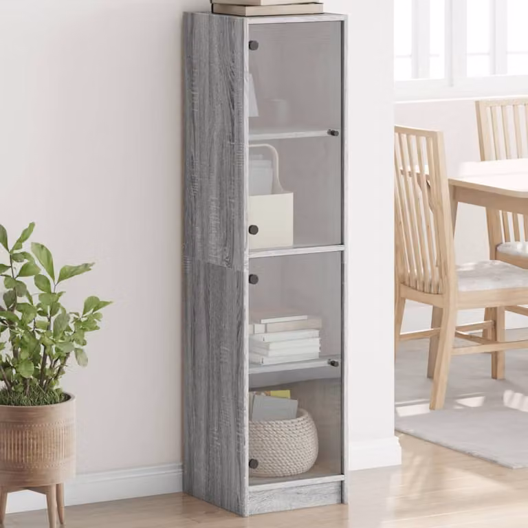 Credenza moderna vidaXL con ante in vetro e ripiani interni, colore grigio, L/P/H: 35 x 37 x 142 cm