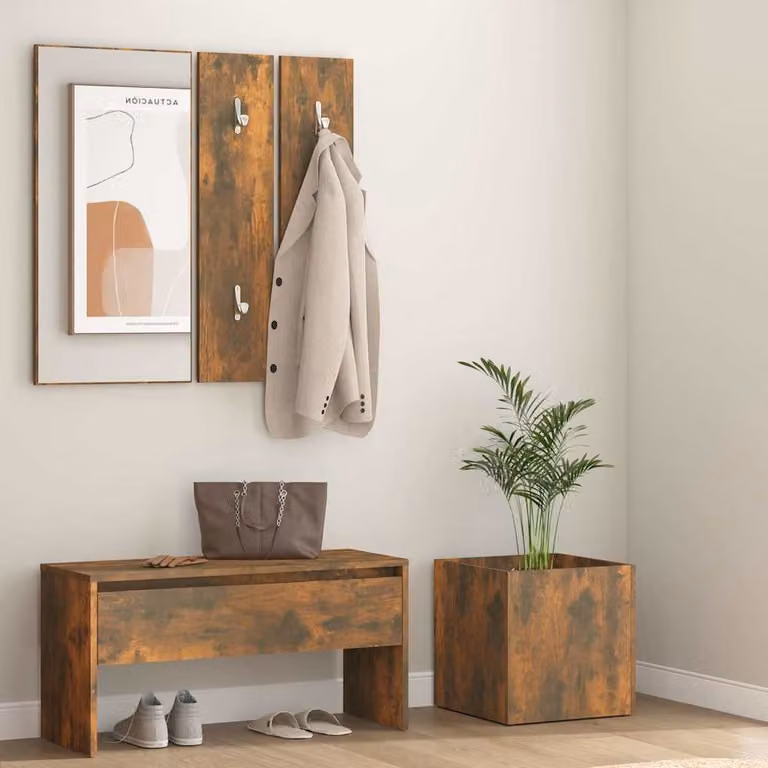 Set di mobili da corridoio moderno vidaXL in legno rovere fumo marrone con panca, specchio e appendiabiti