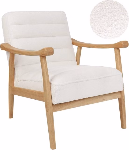 Poltrona Design Retrò BELIANI in Tessuto Bouclé Bianco con Struttura in Legno e Braccioli