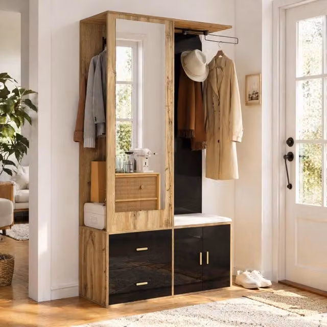 Set di mobili da ingresso MIVRAY con specchio, panca, scarpiera e appendiabiti, nero naturale, L 100 x P 38 x H 180 cm