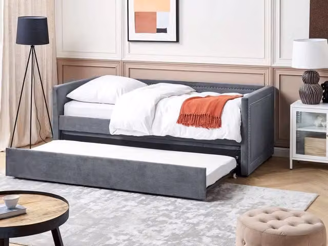 Letto da giorno estraibile BELIANI in velluto a coste grigio con rete a doghe e testiera decorata L/P/H: 200 x 90 x 84 cm