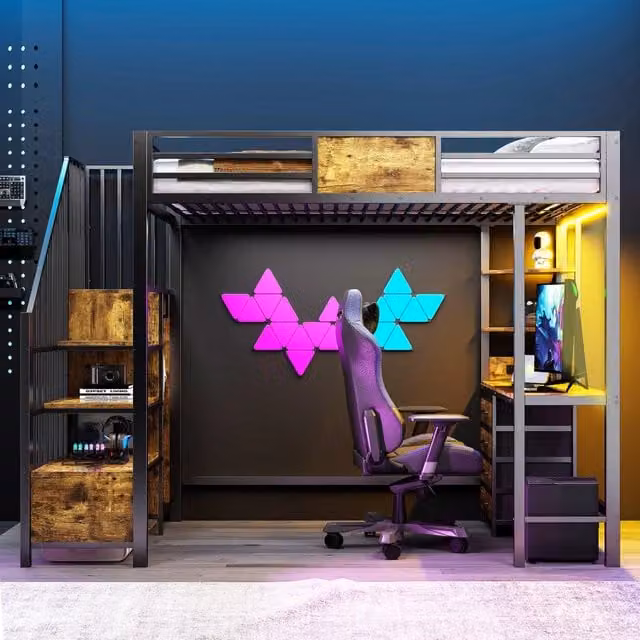 Letto a soppalco MIVRAY in metallo nero con scrivania, ripiani, appendiabiti, illuminazione LED e porta USB, dimensioni 90 x 200 cm