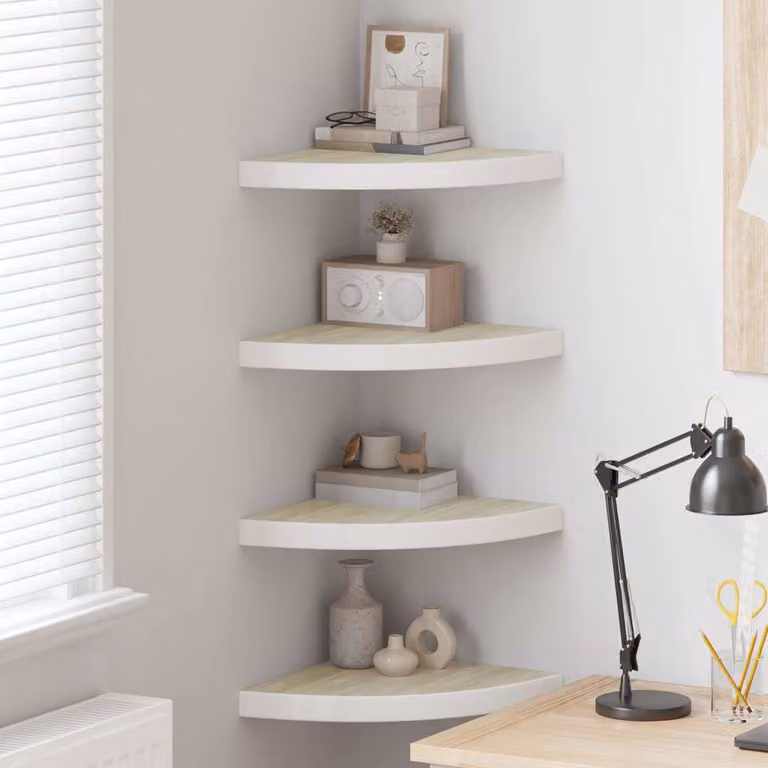 Set di 4 mensole angolari da parete vidaXL in MDF, colore rovere e bianco, L/P/H: 35 x 35 x 3,8 cm