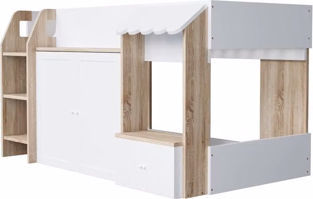Letto a soppalco singolo per bambini in legno e MDF bianco con scala, ripiani e vano portaoggetti, L/P/H: 200 x 90 x 174 cm