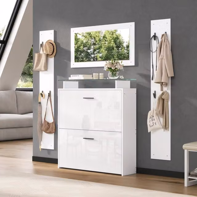 Set da 4 pezzi Mobile Ingresso REDOM con Specchio e Scarpiera Bianco Lucido L: 89,5 cm, P: 23 cm, H: 96,5 cm