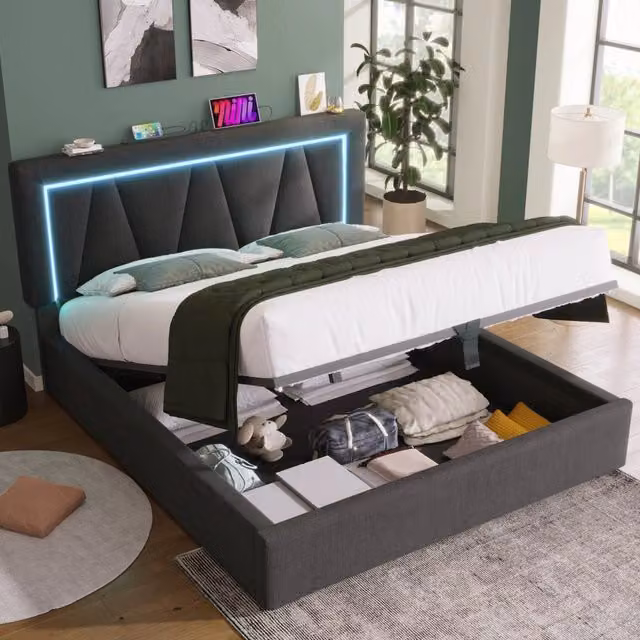 Letto contenitore Mivray in lino grigio con testiera regolabile, illuminazione LED e porte USB e Type-C, L/P/H: 140 x 200 x 110,5 cm