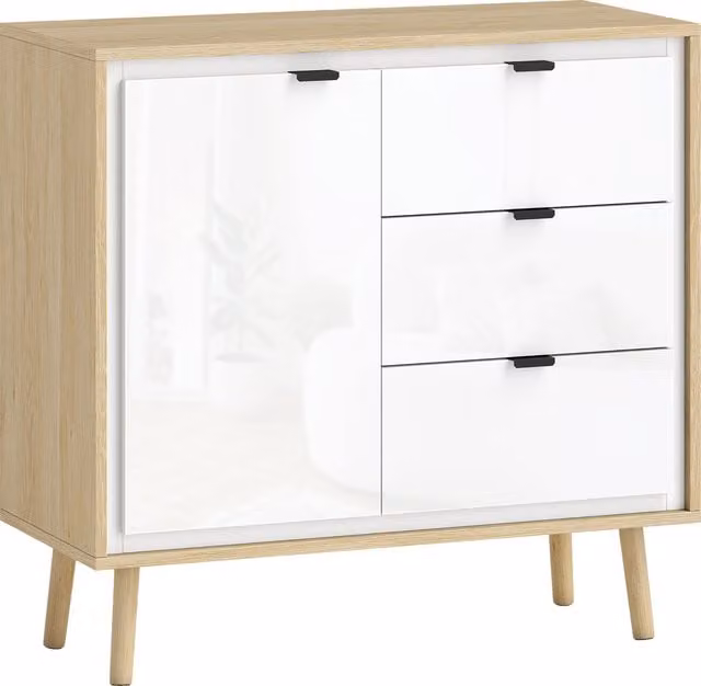 Credenza Moderna HOMCOM con 3 Cassetti e Armadietto, Ante Lucide e Ripiano Regolabile, Bianco e Rovere