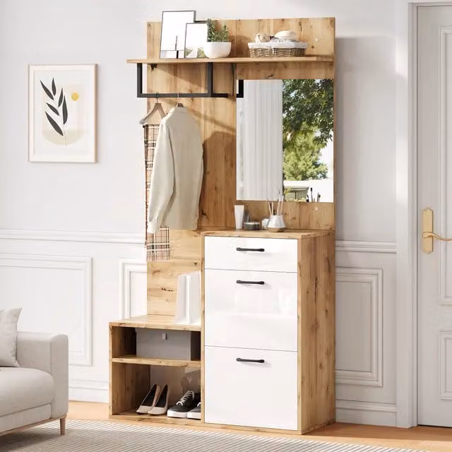 Set di mobili da ingresso MIVRAY con specchio, panca e 2 armadietti, stile scandinavo, bianco e naturale, L/P/H: 100 x 38.5 x 190 cm