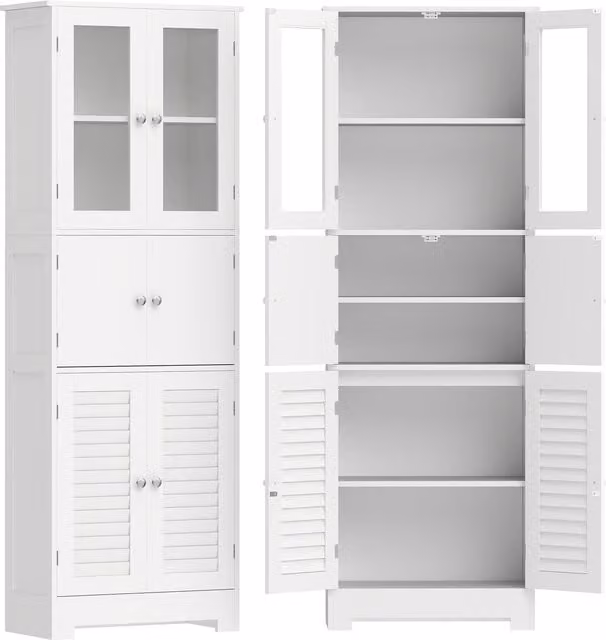 Mobiletto da Bagno Alto HOMCOM Bianco con Ante in Vetro e Ripiani Regolabili