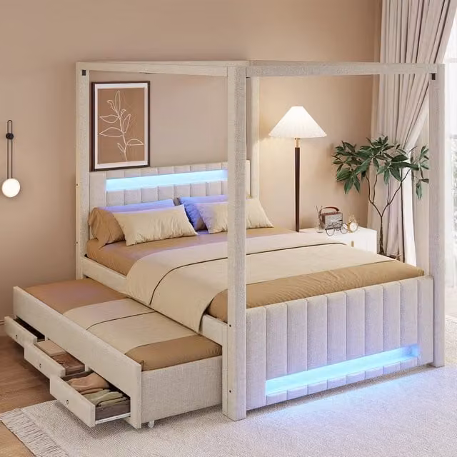 Letto a baldacchino REDOM beige con illuminazione LED, letto estraibile e 3 cassetti, L/P/H: 140 x 200 x 141.5 cm