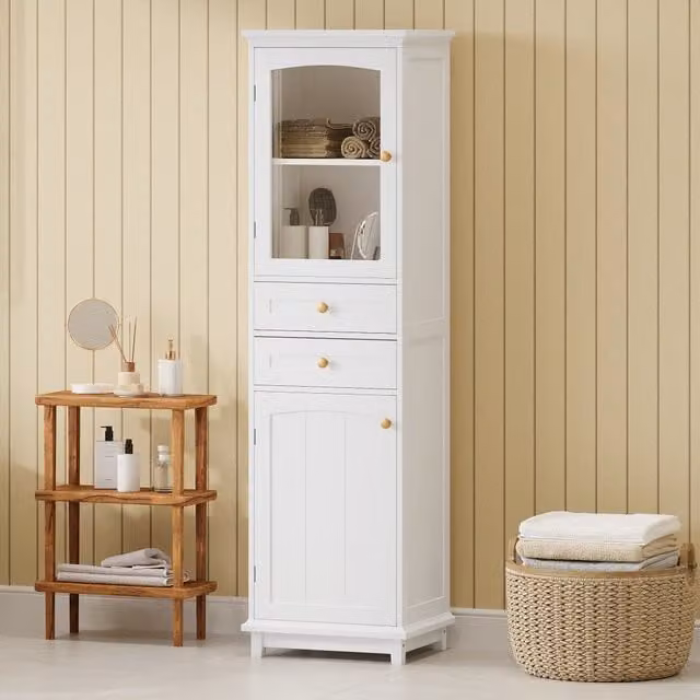 Armadio da bagno WISHDOR moderno in MDF e vetro, bianco e oro, con ante in vetro e ripiani interni, L/P/H: 45 x 36 x 160 cm