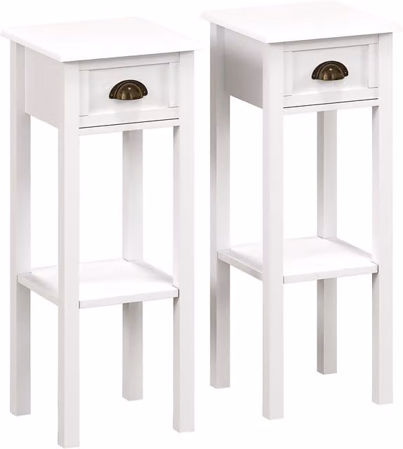 Set di 2 tavolini d'appoggio HOMCOM bianchi con cassetto e ripiano inferiore, stile moderno, L/P/H: 30 x 30 x 75 cm