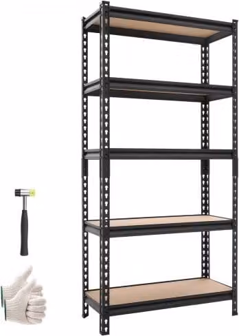 Scaffale per Garage VEVOR in Metallo Nero con 5 Ripiani Regolabili, Capacità 907,2 kg, L: 75,9 cm, P: 30,9 cm, A: 152 cm
