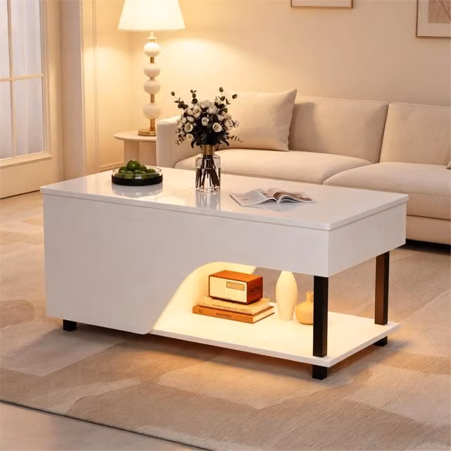 Tavolino basso OKWISH sollevabile con vano nascosto e ripiani laterali, bianco lucido, L: 100 cm, P: 50 cm, H: 46 cm