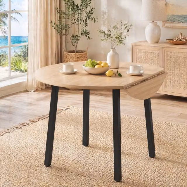 Tavolo da pranzo rotondo pieghevole in stile scandinavo color marrone con finitura rovere e piano in MDF laminato, L/P/H: 100 x 100 x 75 cm