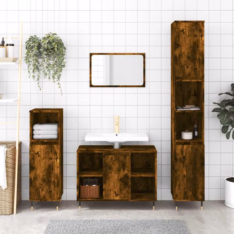 Armadietto da bagno vidaXL in legno Rovere Fumo con ripiani interni e ante a battente, L/P/H: 30 x 30 x 100 cm