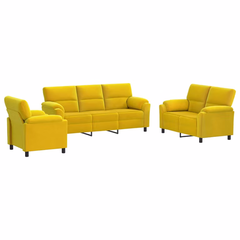 Set di divani moderno vidaXL in velluto giallo con struttura in metallo, composto da divano a 3 posti, divano a 2 posti e poltrona