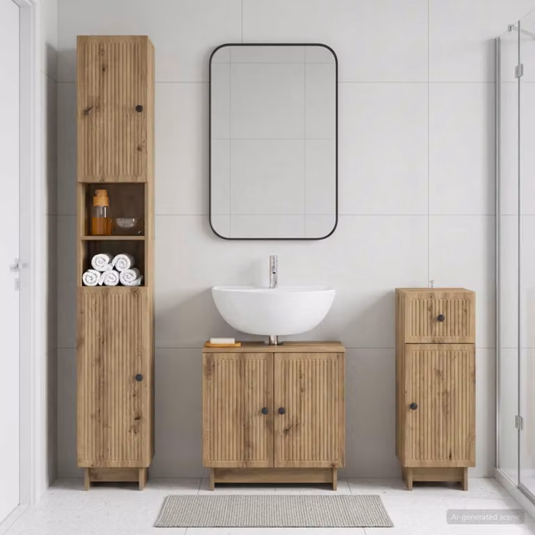 Set di armadietti da bagno moderni vidaXL in 3 pezzi color marrone con finitura opaca, L/P/H: 49,6 x 31,5 x 190,0 cm, 59,5 x 31,5 x 126,0 cm e 49,6 x 31,5 x 66,0 cm